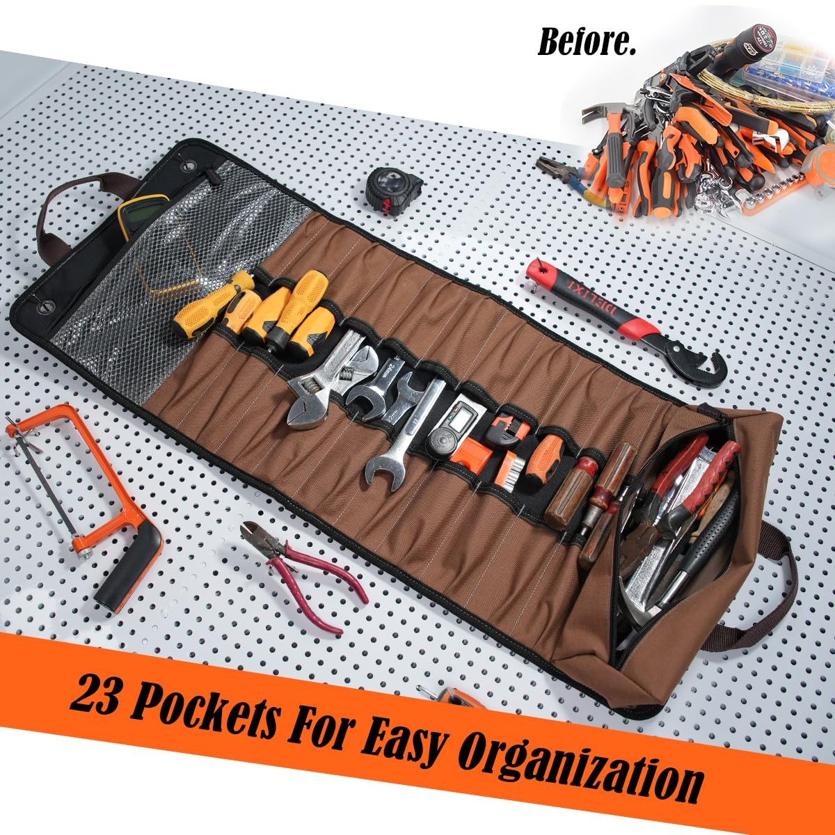 23-Pocket Canvas Tool Roll, Heavy-Duty Tool Wrap Roll, Waterproof Canvas Roll...