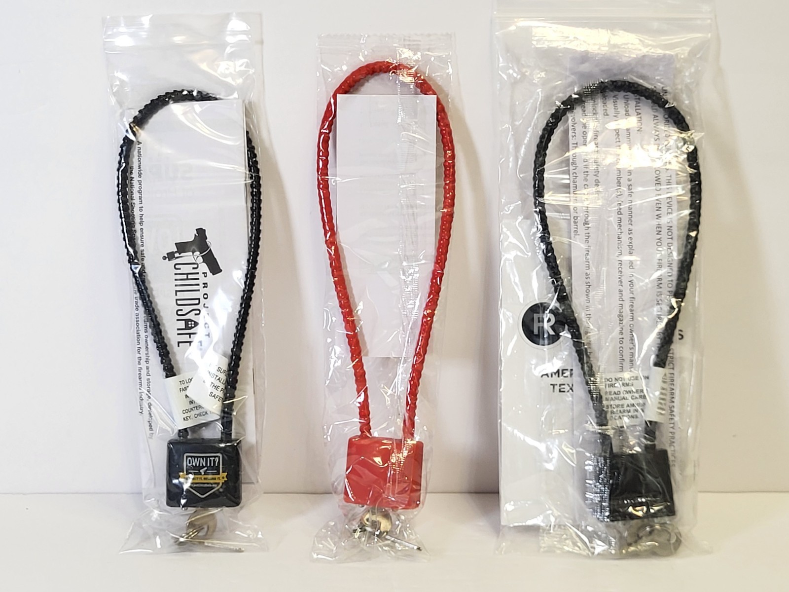 Lot of 3 - Cable Safety Firearm Handgun GUN LOCKS with 2 Keys Each Black Red NEW