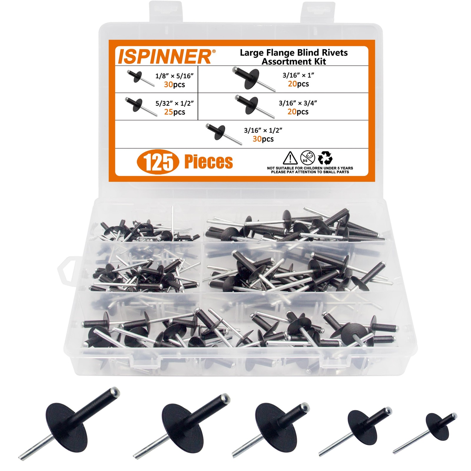 ISPINNER 125pcs Large Flange Aluminum Blind Rivets, Pop Rivets Black