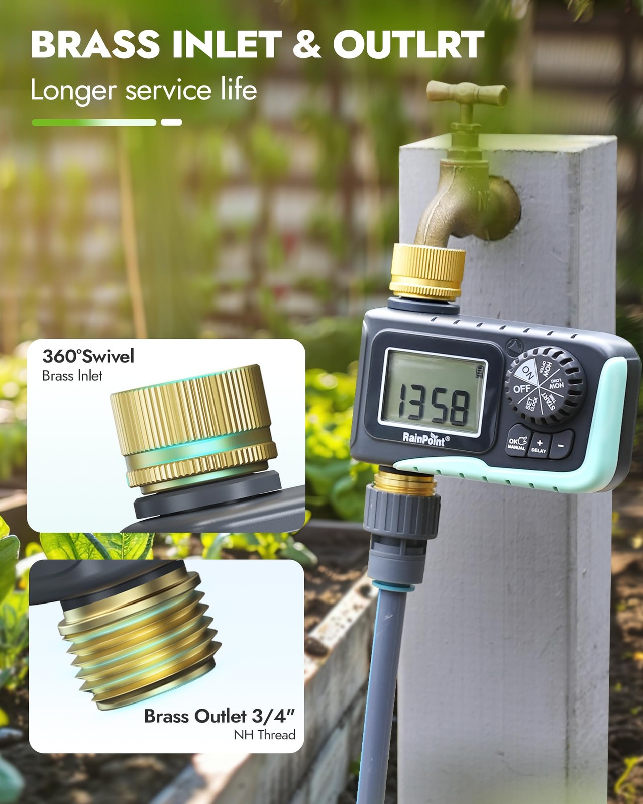 Rainpoint Sprinkler Timer Brass Programmable Hose Timer For Garden Soaker Hose