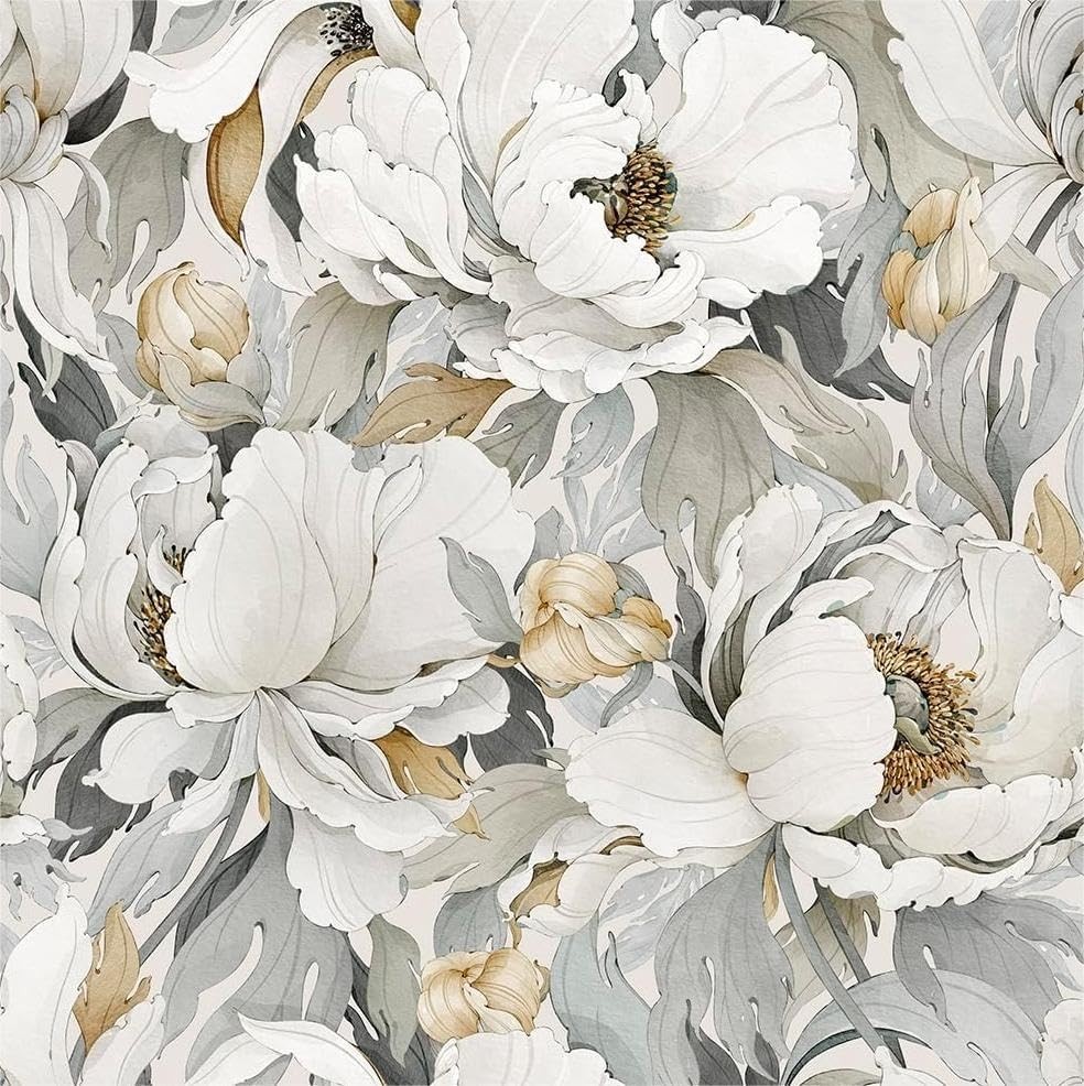 White Poppies Floral Modern Grey Peonies Flowers Peel 17.71"*118.1" Cream White