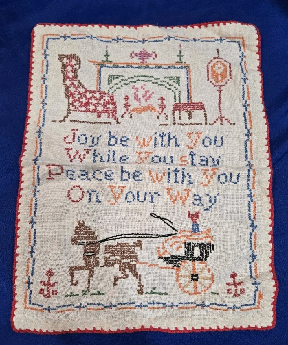 VTG 1940s Sewing Sampler, Joy be with you-horse & buggy, 12.5 x 9.5" GRANDMACORE