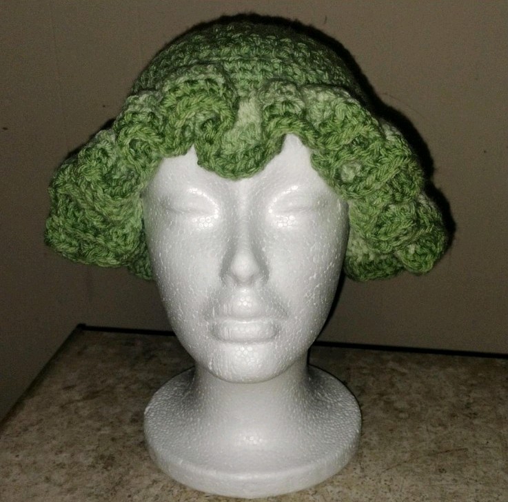Handmade Green Crocheted Ruffle Edge Hat Unique Stylish Headwear