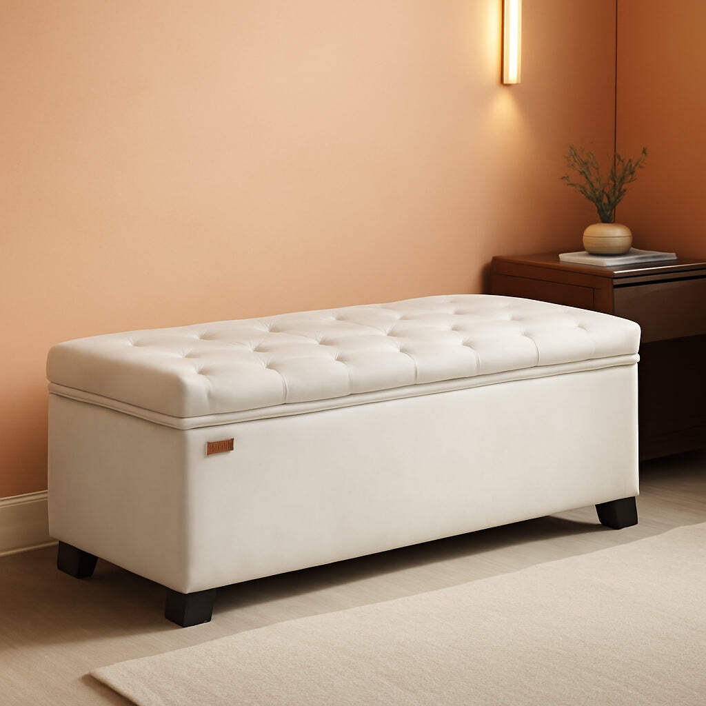 Cream Storage Ottoman Bench 43Inch Living Room Furniture