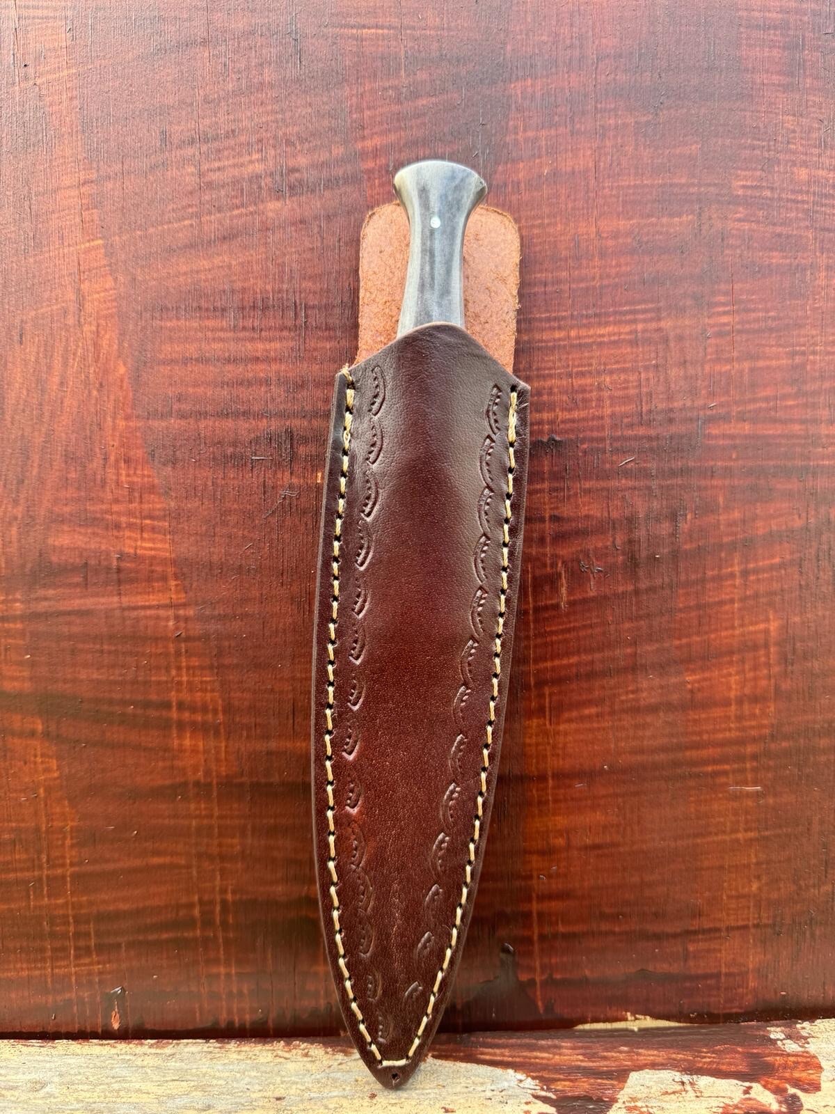 Damascus Dagger Knife With Leather Sheath Camel Bone Handle Brass Bolster