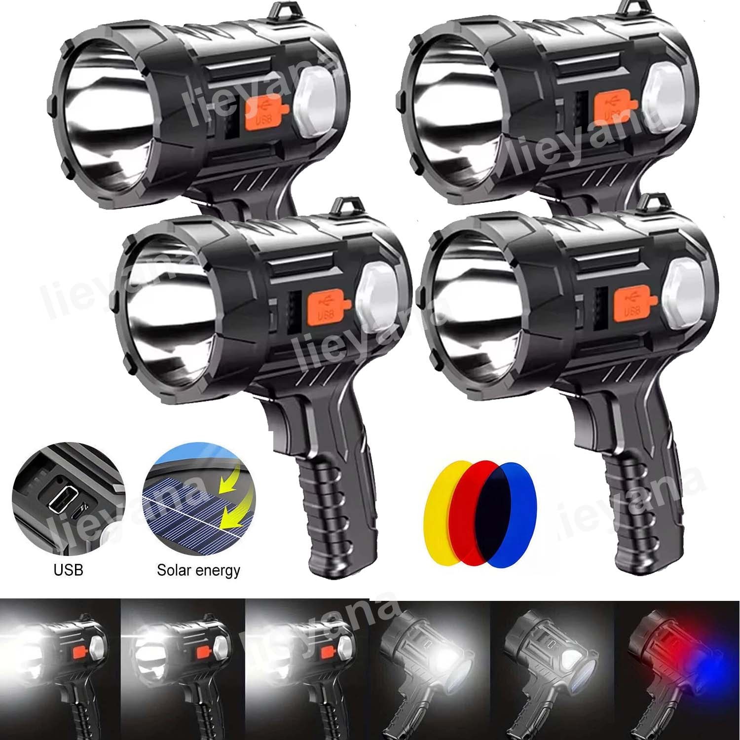 4PCS Solar/USB Super Bright Rechargeable LED Spotlight Flashlight Searchlight