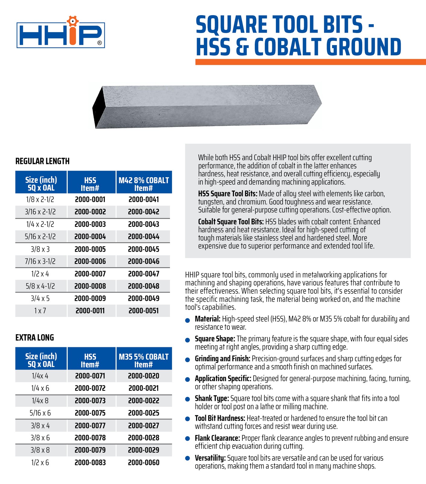 1/4 X 2-1/2" 8% COBALT SQUARE TOOL BIT (2000-0043)