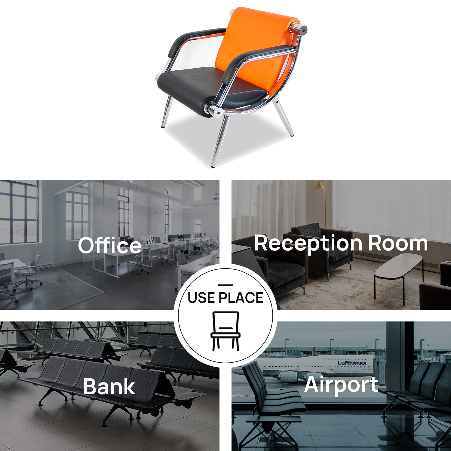 2 PCS Office Reception Waiting Room Chairs PU Leather Airport Guest Salon Bench