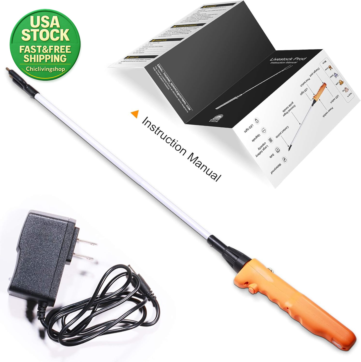 Cattle Prod Waterproof LED Light Electric Livestock Prod 43.7 Inch
