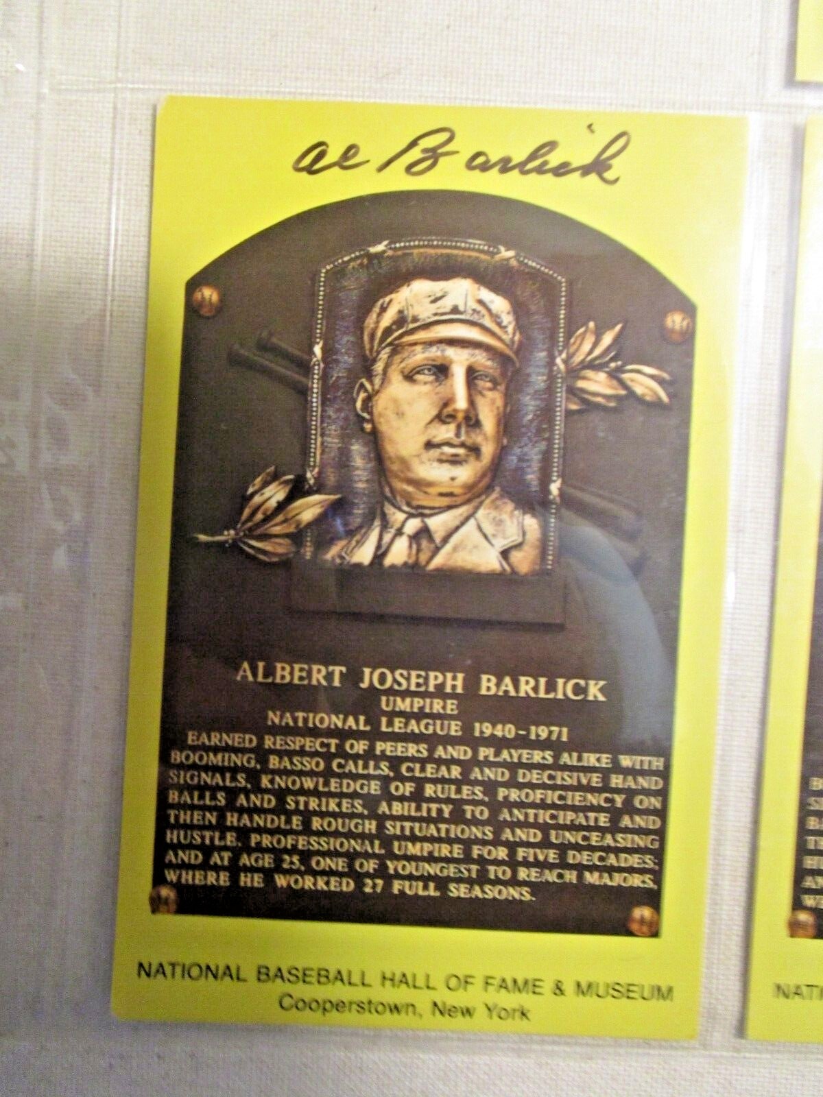 Albert Al Barlick Autograph Baseball Hall of Fame Plaque Postcard~