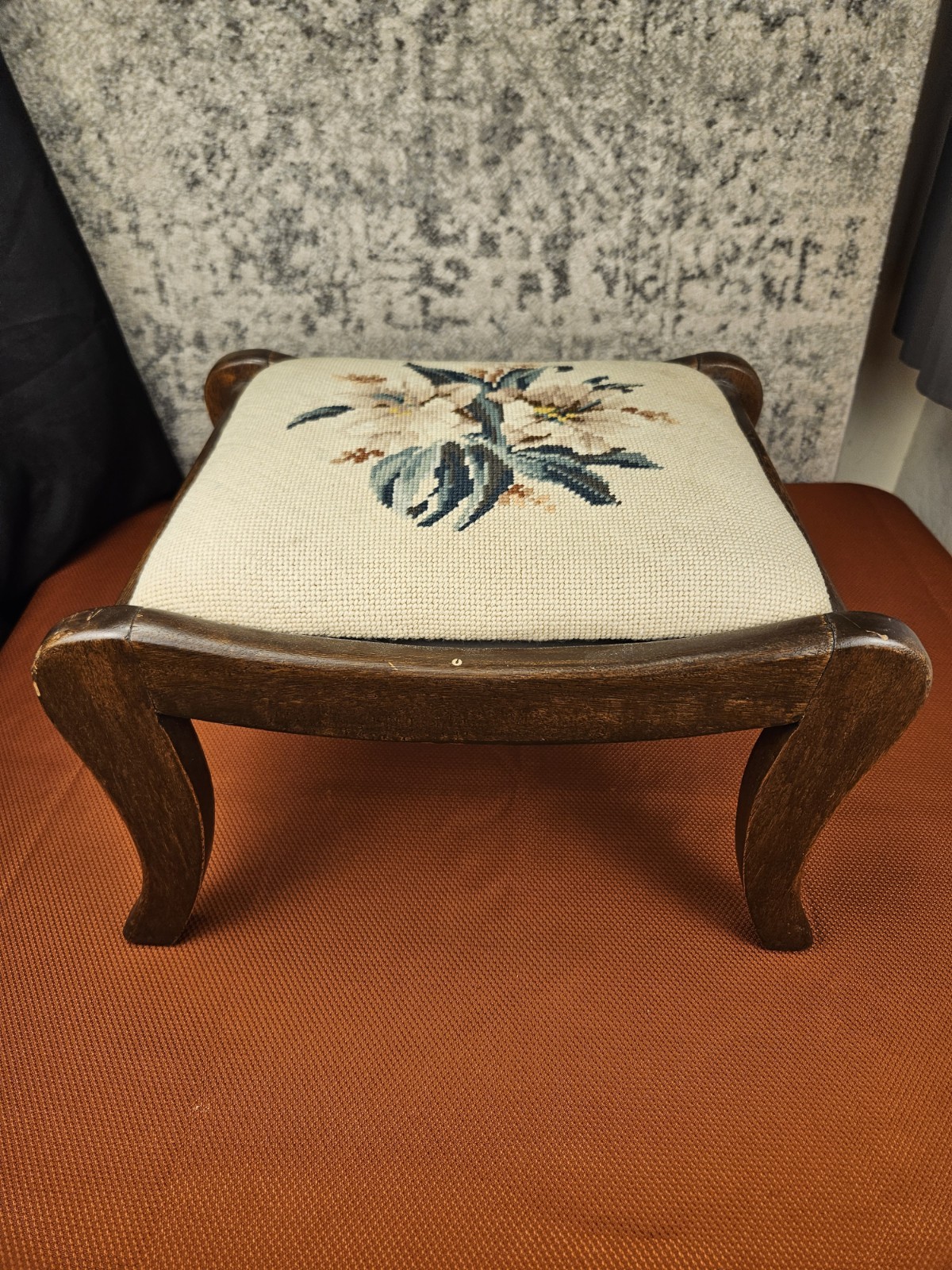 Vtg Floral Needlepoint Footstool Wool Rectangular Victorian Flowers 15x9.5x12"