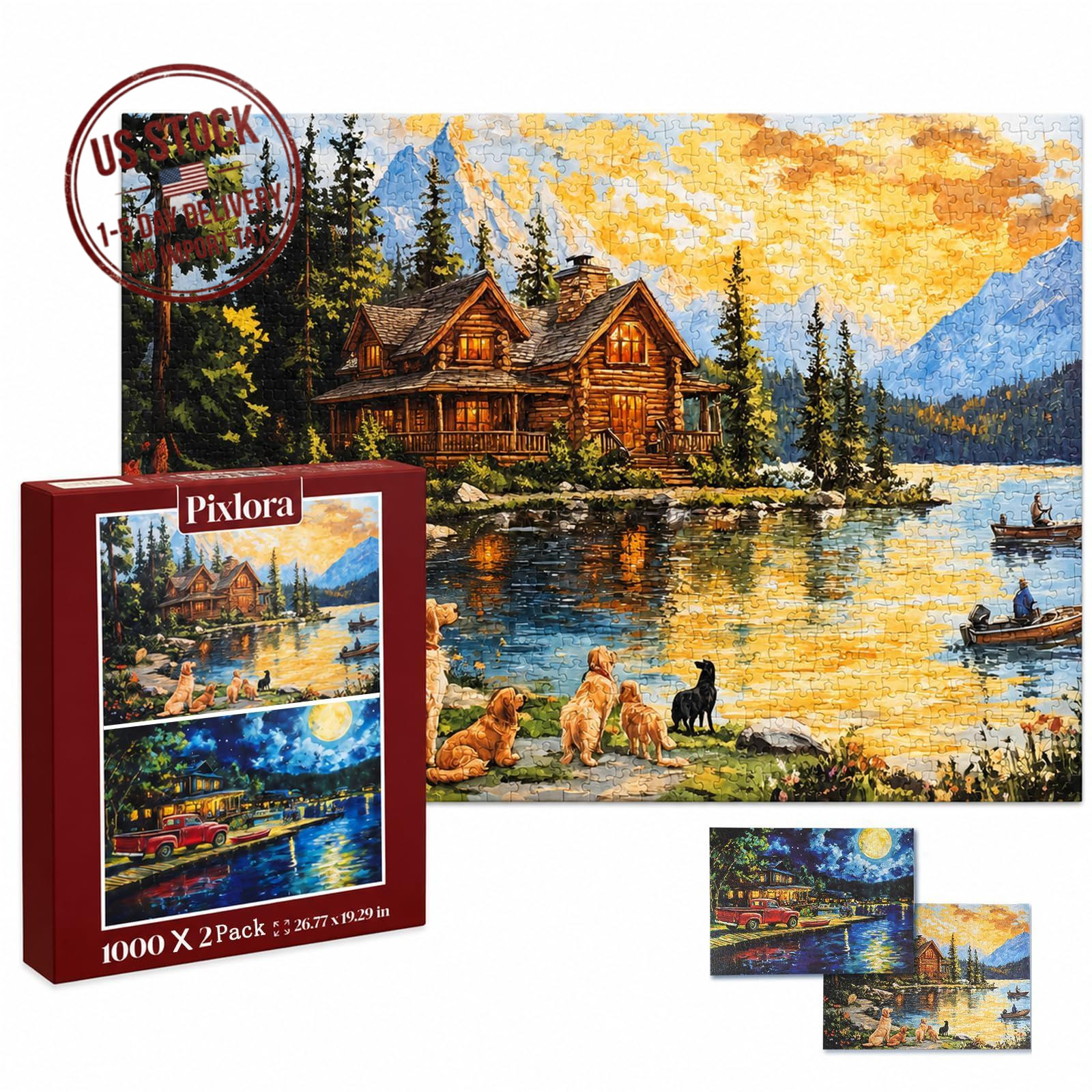 1000 Piece Puzzles for Adults 2 Pack Lake Cabin Moonlight Nature Jigsaw