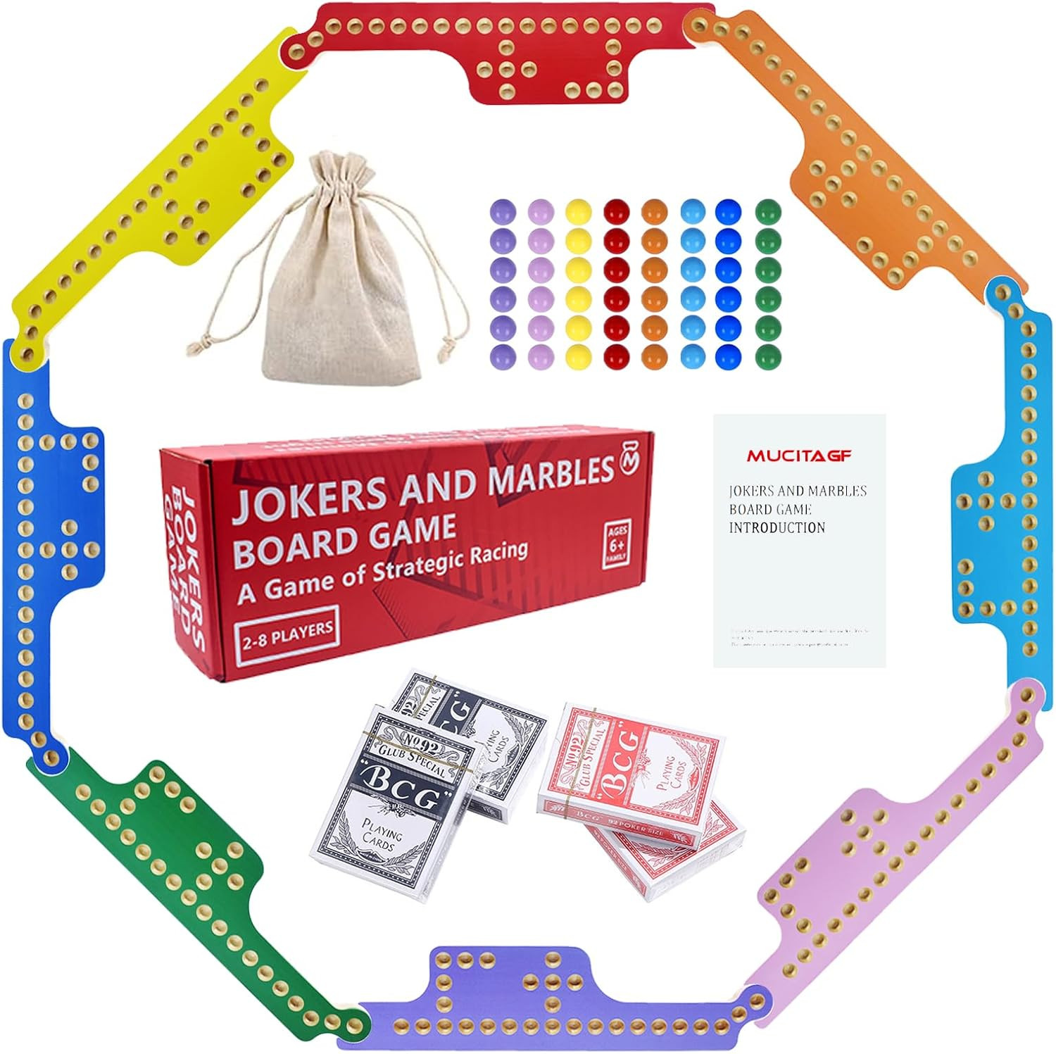 Wood Jokers and Marbles Board Game Set 2 to 8 Player with Cards and 48 Marbles
