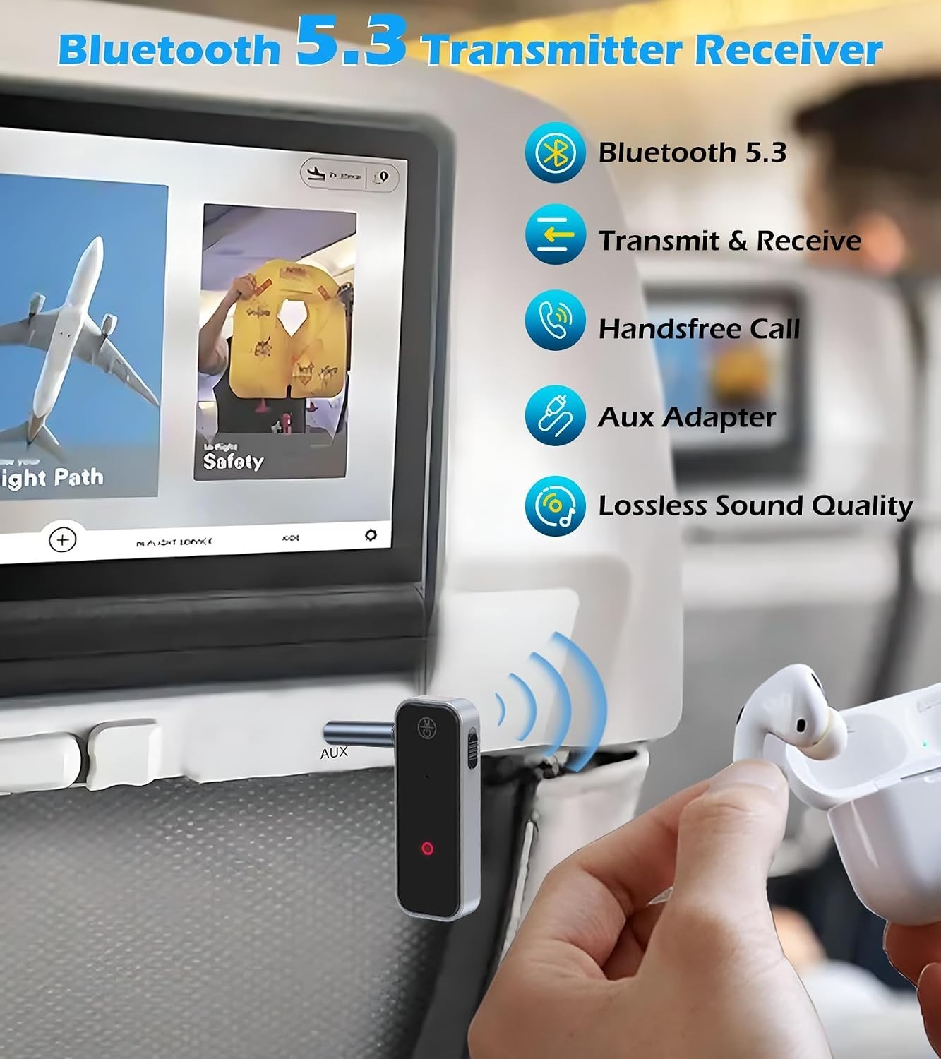 Bluetooth 5.3 Transmitter Receiver for Airplane, 2-in-1 AUX Wireless Adapter ...