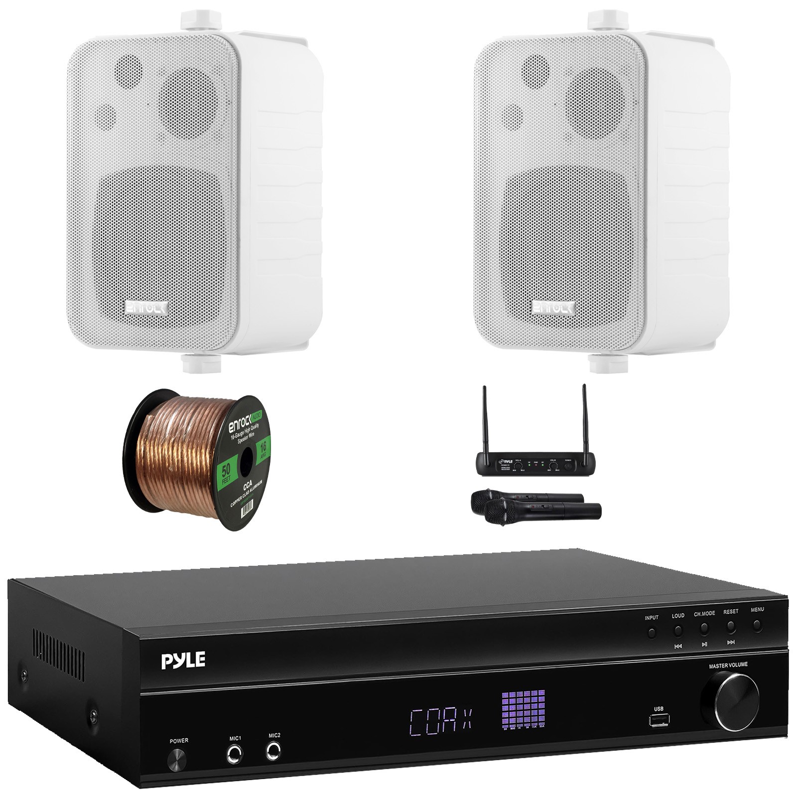 Pyle Bluetooth Amp Receiver, 2x 4" 30W 3-Way Indoor/Outdoor Speakers W/ Mic