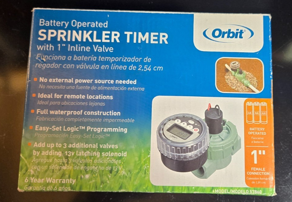 Orbit 57860 Battery-Powered Sprinkler Timer w/1in FPT Jar Top Valve Outdoor NEW