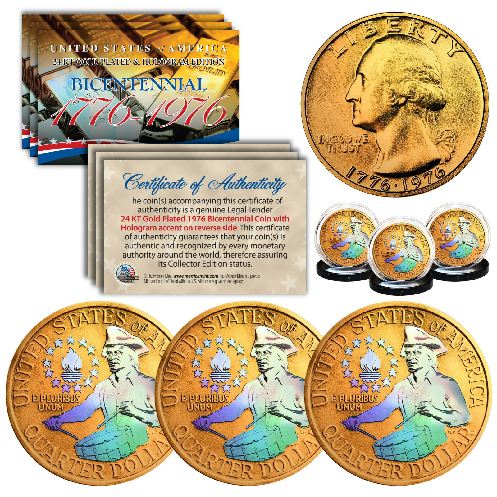 1976 Bicentennial Genuine Quarter Coin 24K Gold Plated & Prism Hologram - QTY: 3