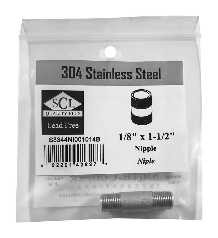 Smith-Cooper 4632100010 Stainless Steel Lead-Free Nipple 1/8 MPT x 1-1/2 L in.