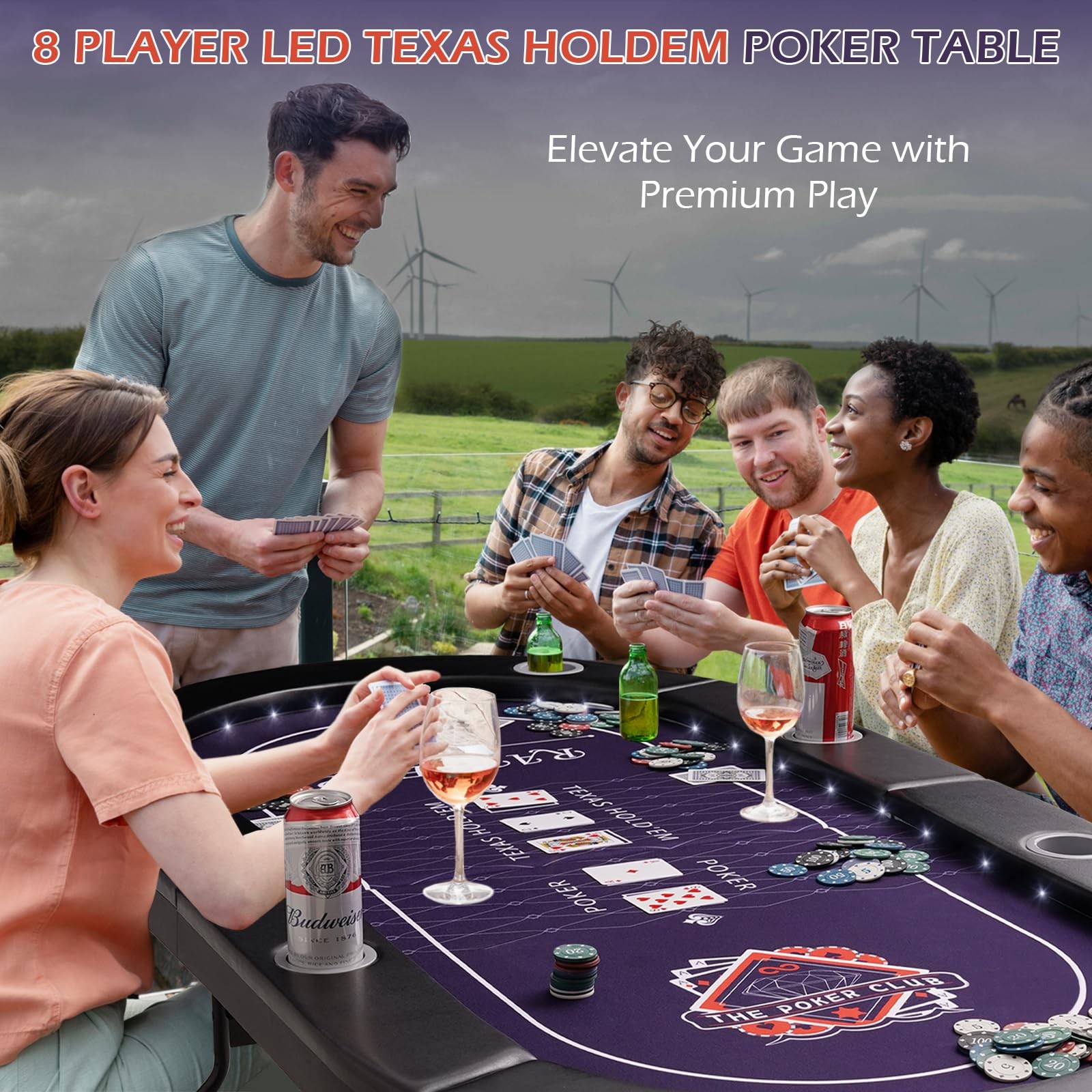 71" LED Poker Table - 8 Player Foldable Texas Hold'em Table