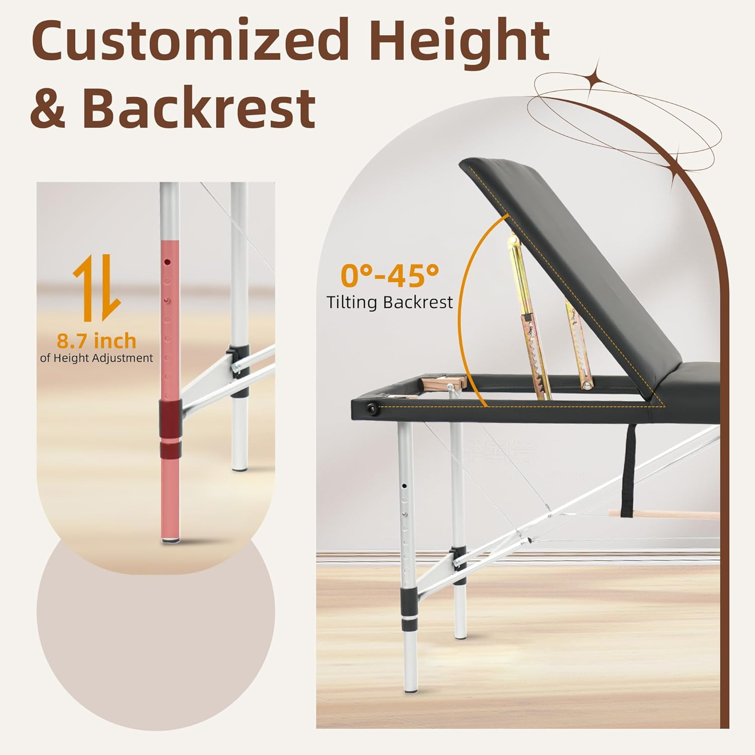 Massage Table, 3 Fold Portable Professional Lash Tattoo Spa Bed, Height Adjustab