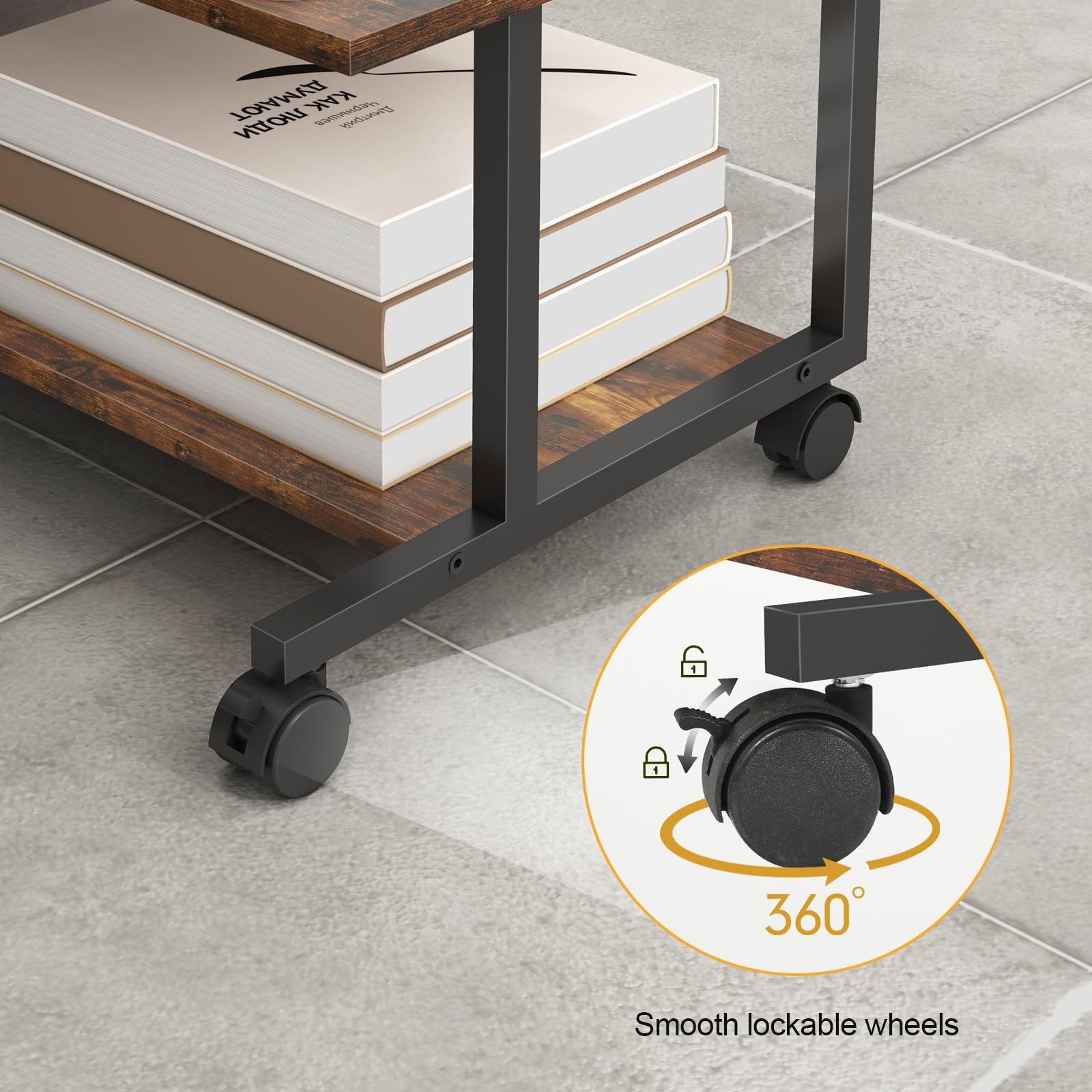 Rustic Brown 2Tier Industrial Mobile Rolling Under Desk Printer Stand Table