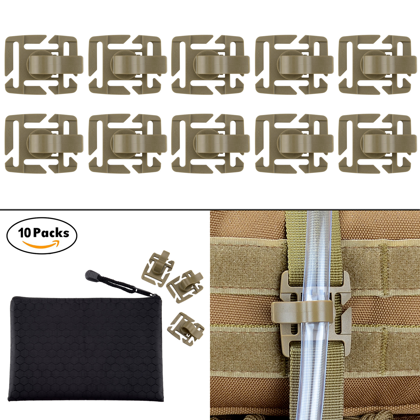 10 Pcs Coyote Brown Rotatable Hydration Tube Grips in Pouch for Molle Webbing