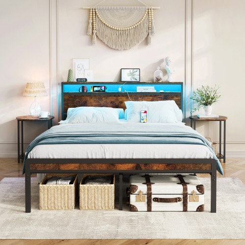 Metal bed frame It features a headboard and a tailboard, with LED lighting