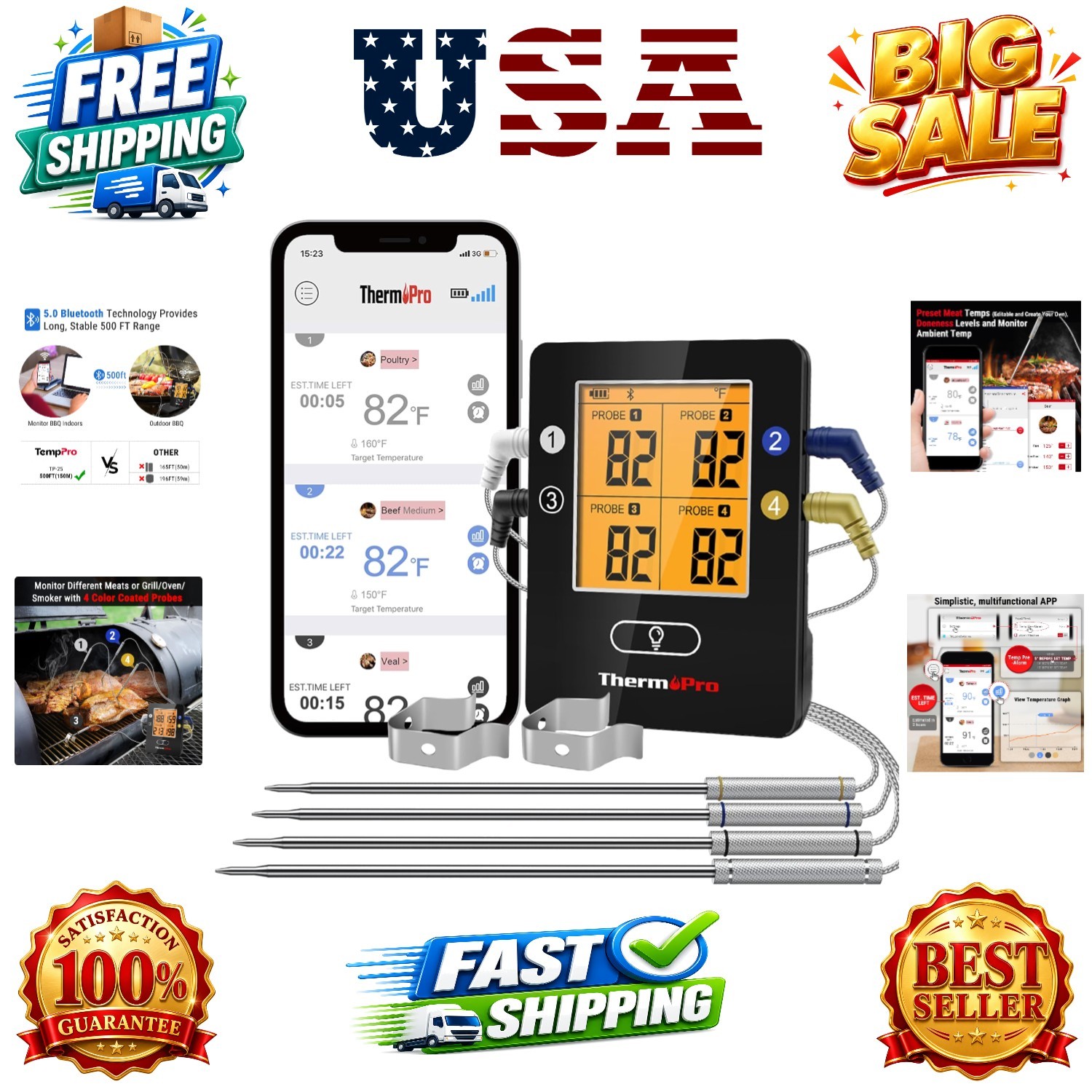 650FT Bluetooth Meat Thermometer with 4-Probes, Smart Rechargeable Wireless M...