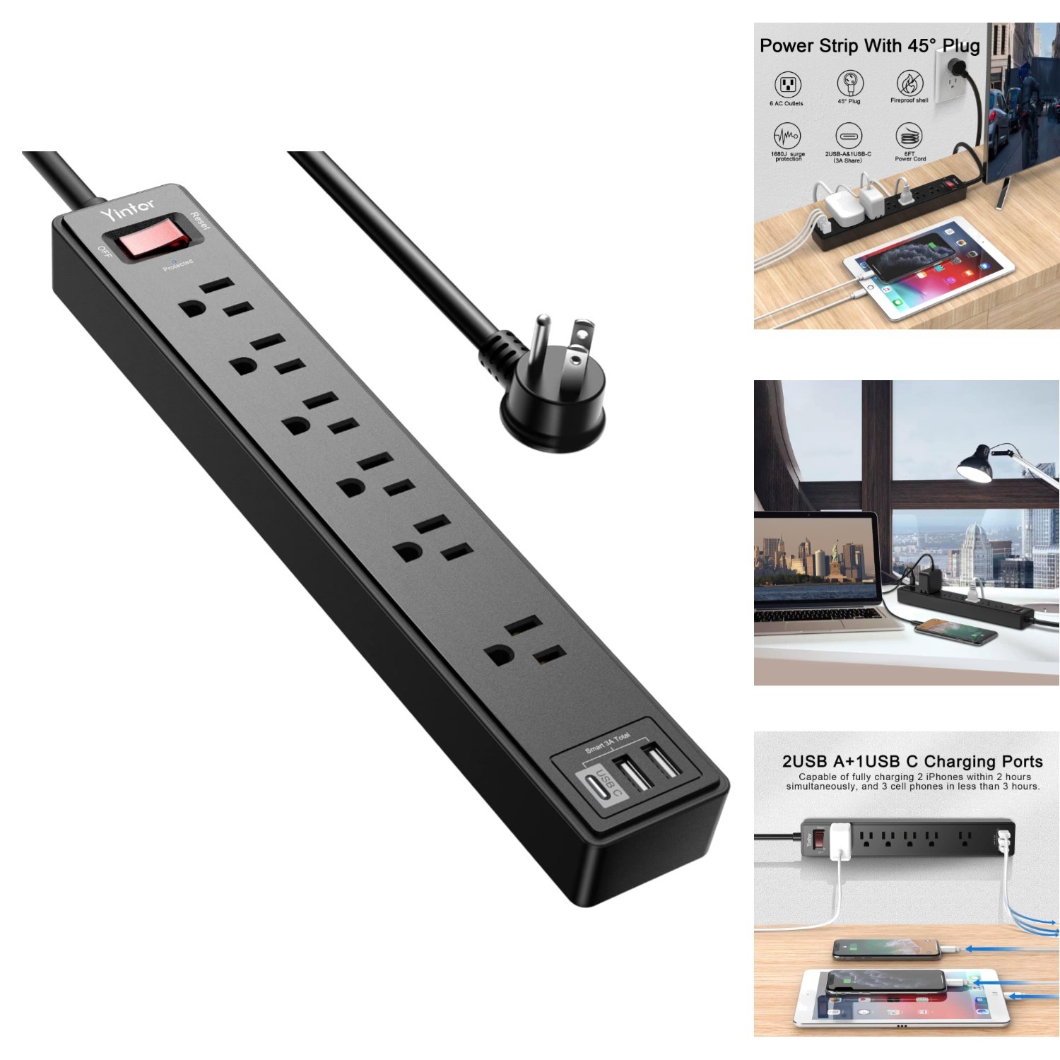6Ft Power Strip Surge Protector with 6 Outlets & 3 USB Ports, 1680 Joules, Black
