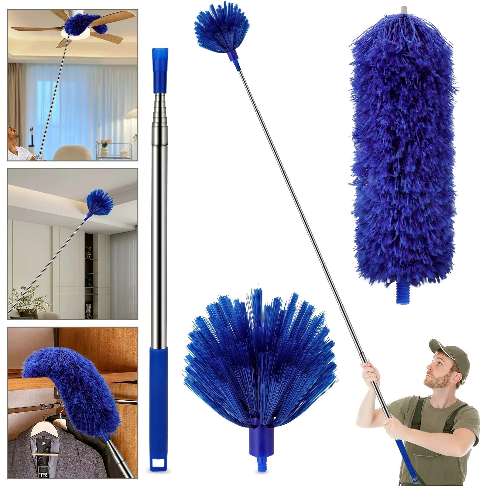 Microfiber Ceiling Fan Duster & Cobweb Cleaning Brush Cleaner Kit Extension Pole