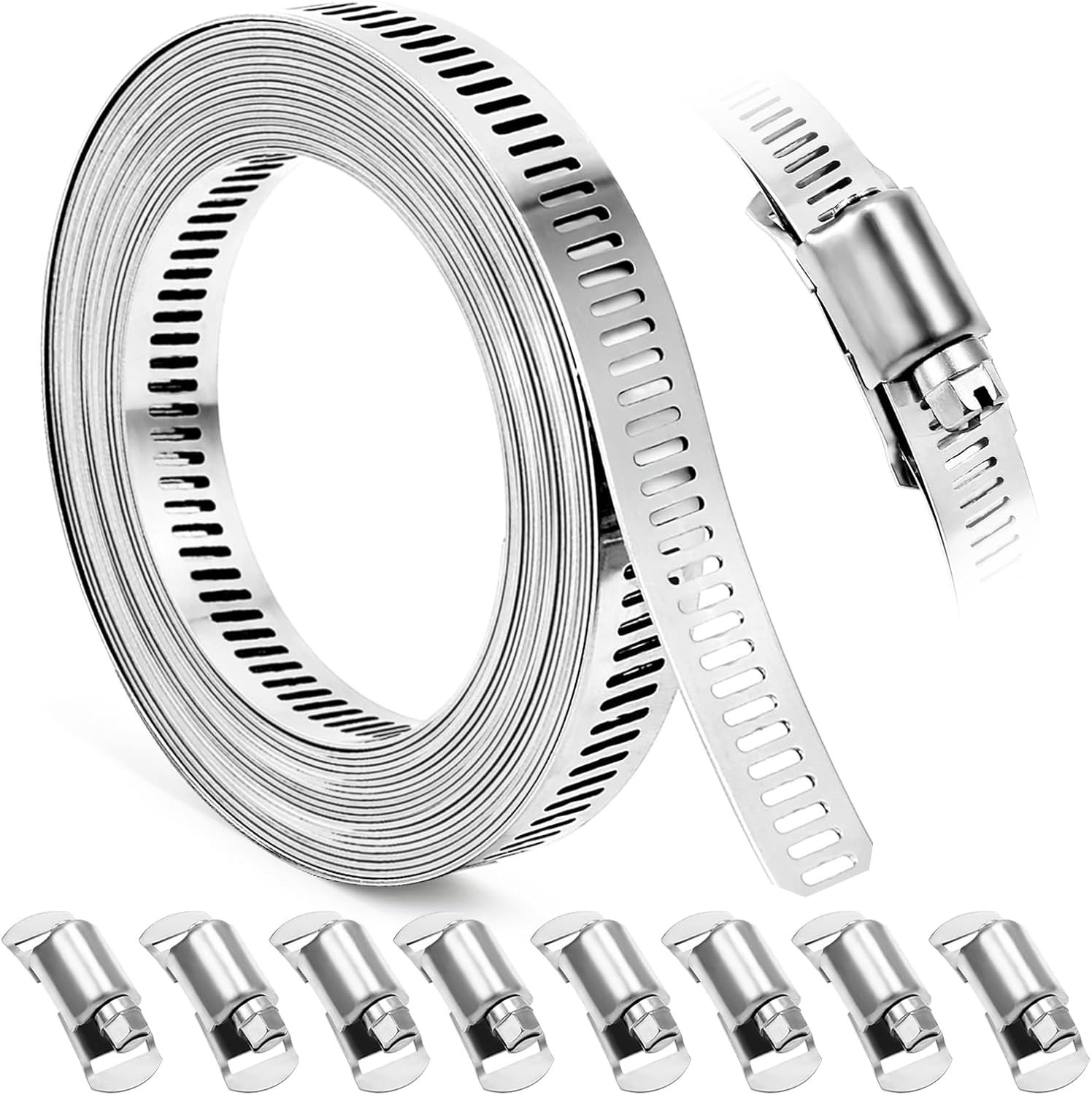 Hose Clamp, DIY 13 FT Metal Strapping with Holes + 8 Fasteners, Large Adjustable