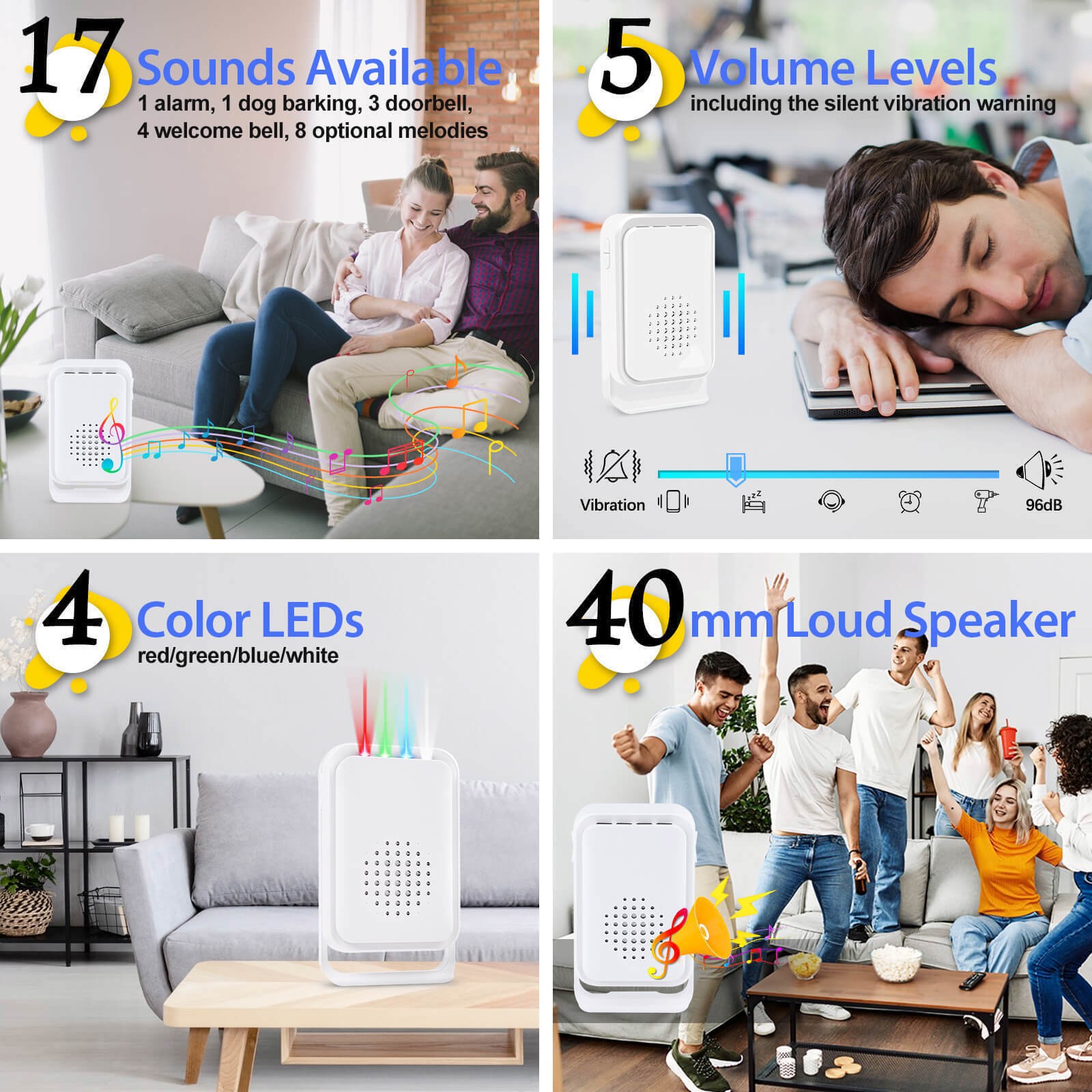 Indoor Motion Sensor with Receiver Loud Chime Bell Vibration Mode Warm Reminder