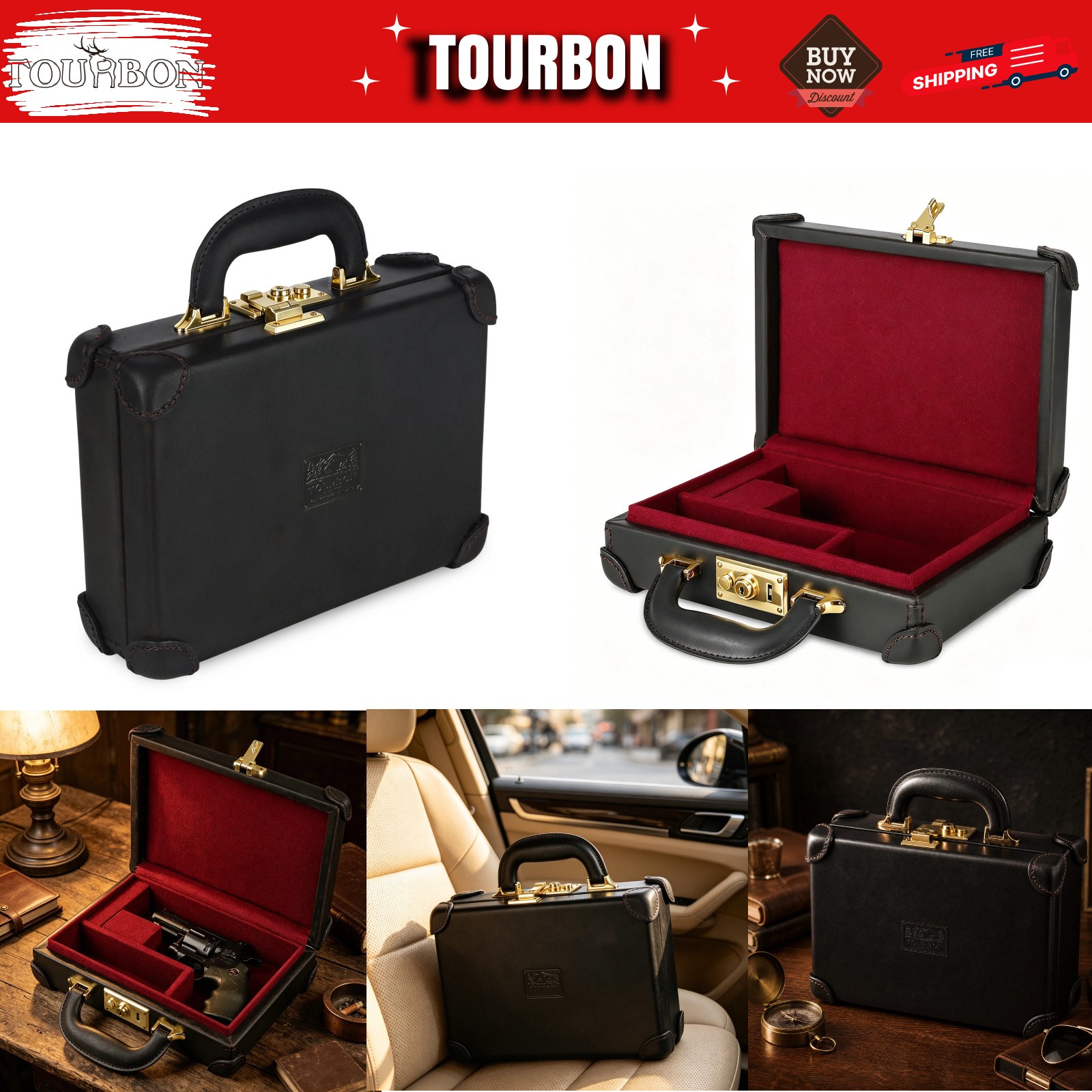 TOURBON Real Leather Gun Case Lockable Pistol Revolver Storage Box Hard Carrier