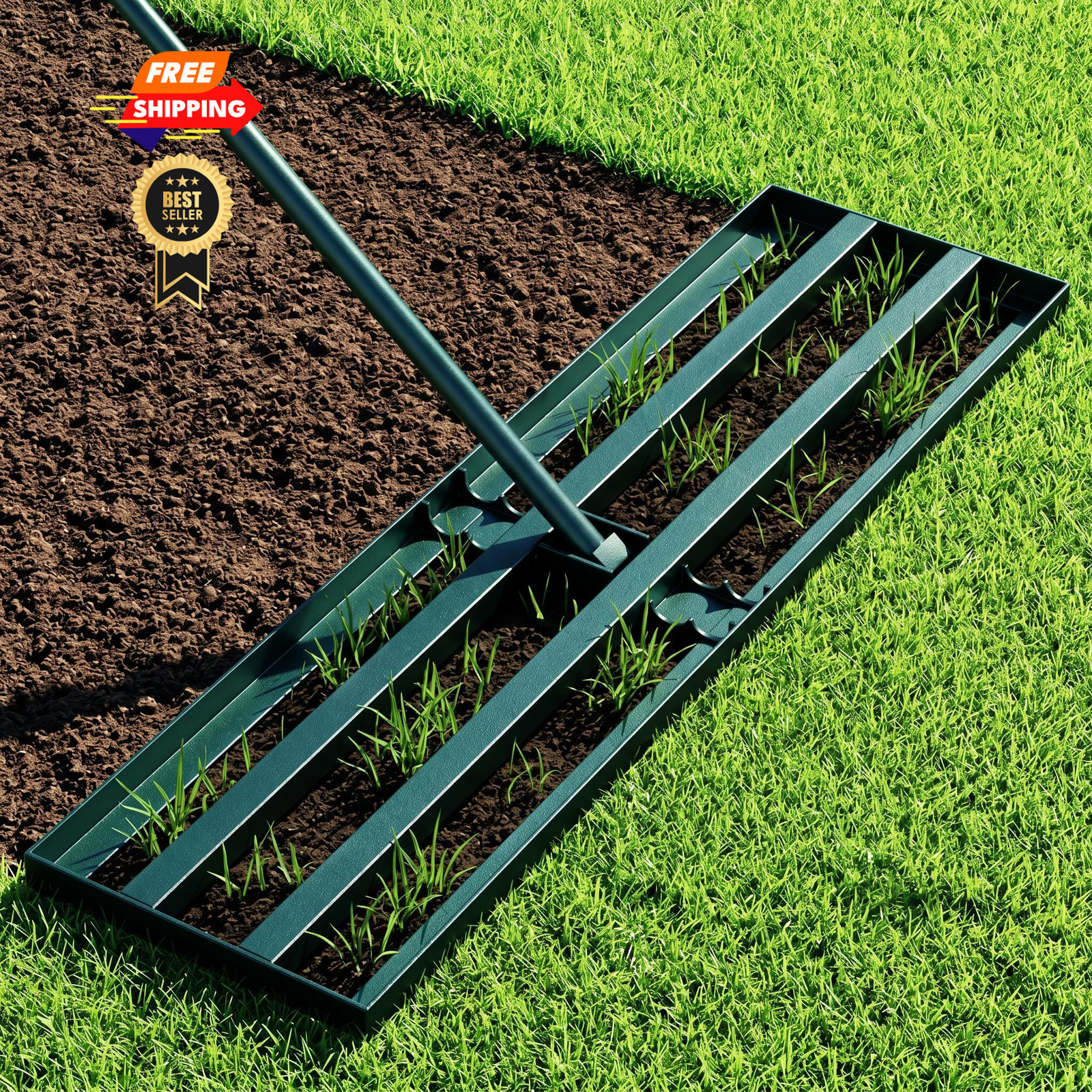Stainless Steel Lawn Leveling Rake with 70" Adjustable Long Handle Dark Green