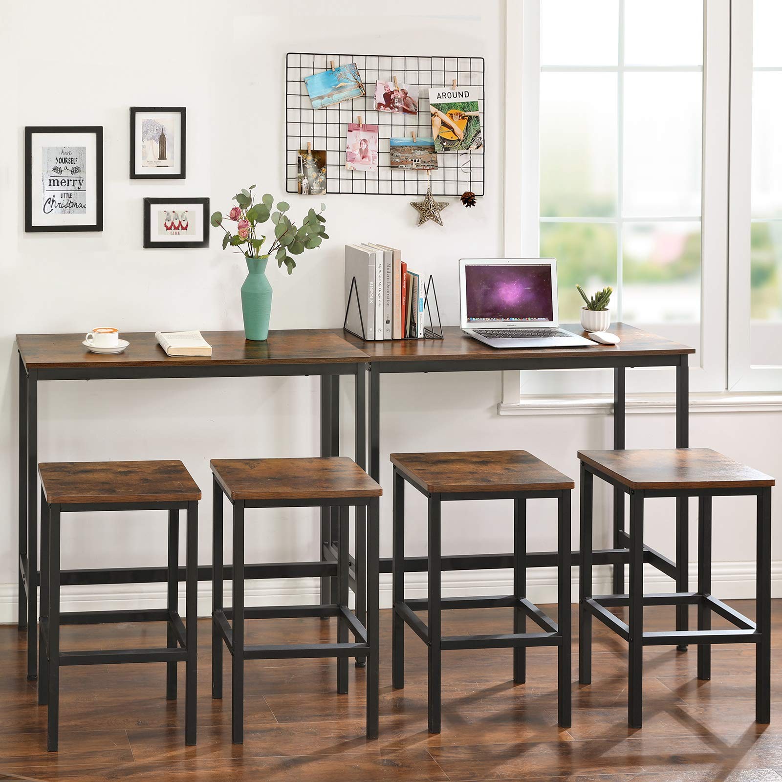 Industrial Narrow Bar Table Rustic Brown Metal Frame