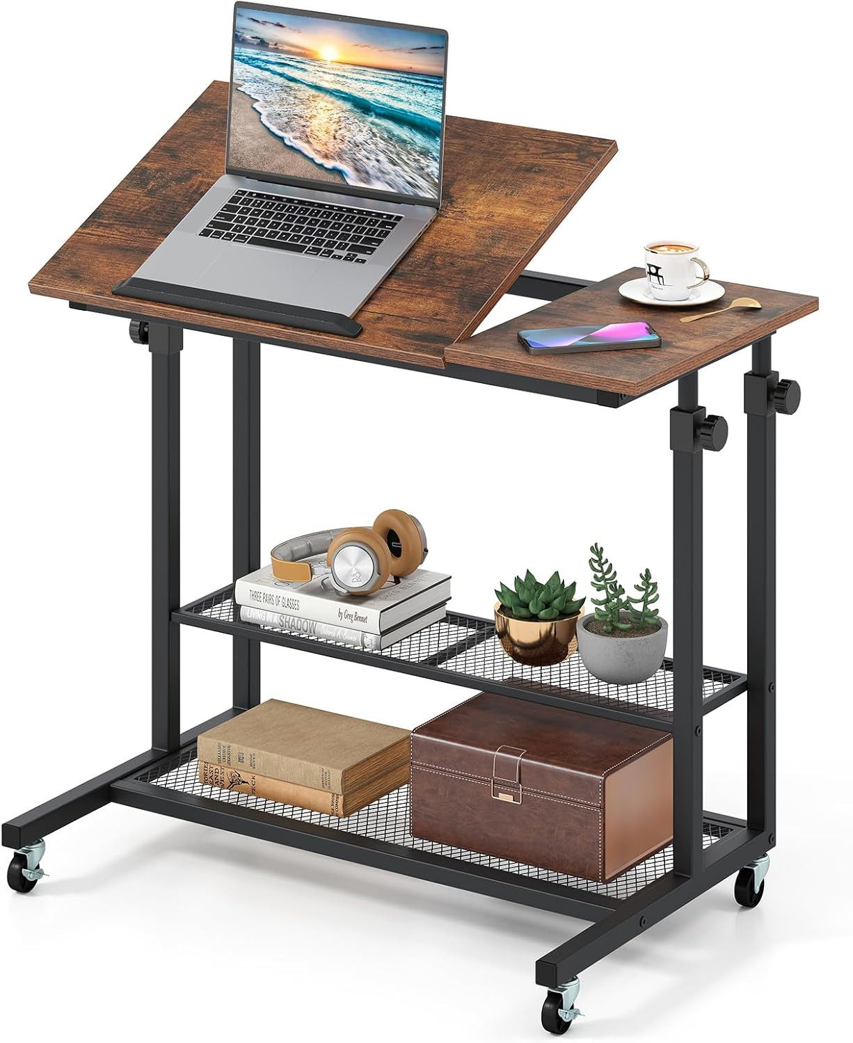 Mobile Standing Desk, Adjustable Rolling Computer Desk W/Tilting Desktop & Stora