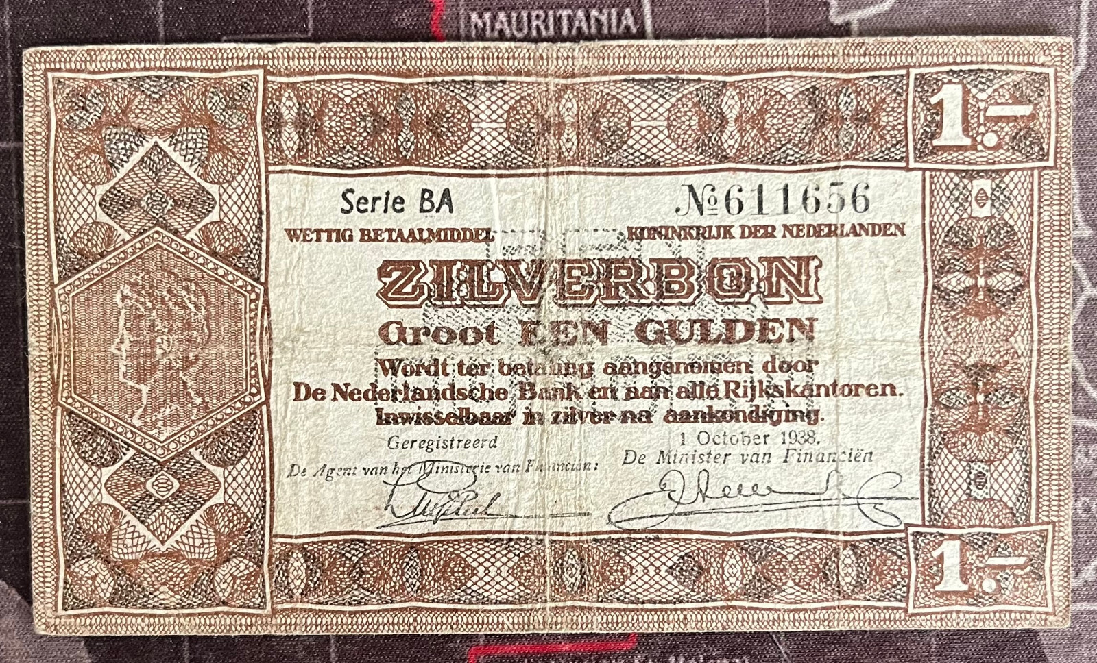 NETHERLANDS 1938 1 GULDEN NOTE