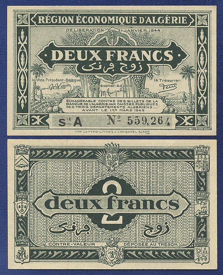 ALGERIA 2 FRANCS 1944 ALMOST UNCIRCULATED ALGERIE