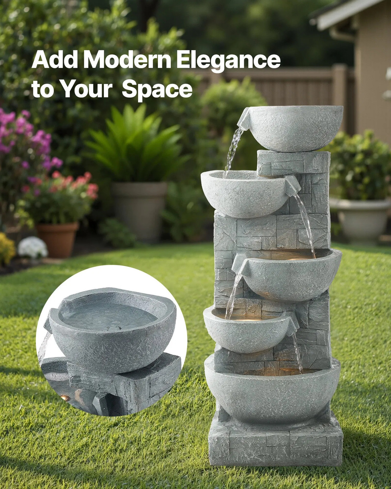 Outdoor Water Fountain, 31.5 in Height Fountain and Waterfall, 5-Tier Floor Stan