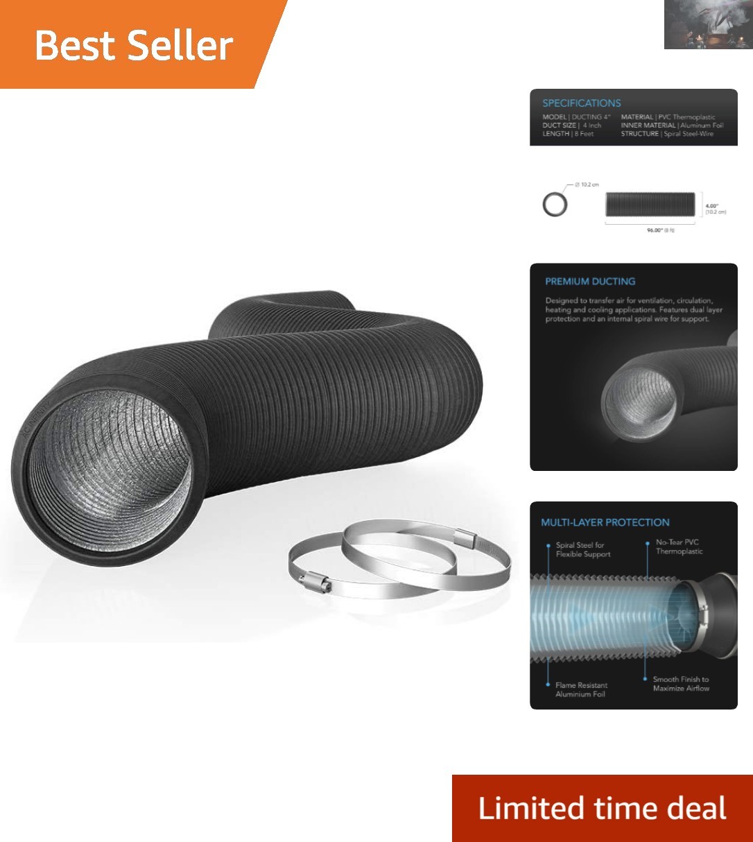 Flexible 8-Foot Aluminum Ducting for HVAC, Dryer, and Grow Room Applications