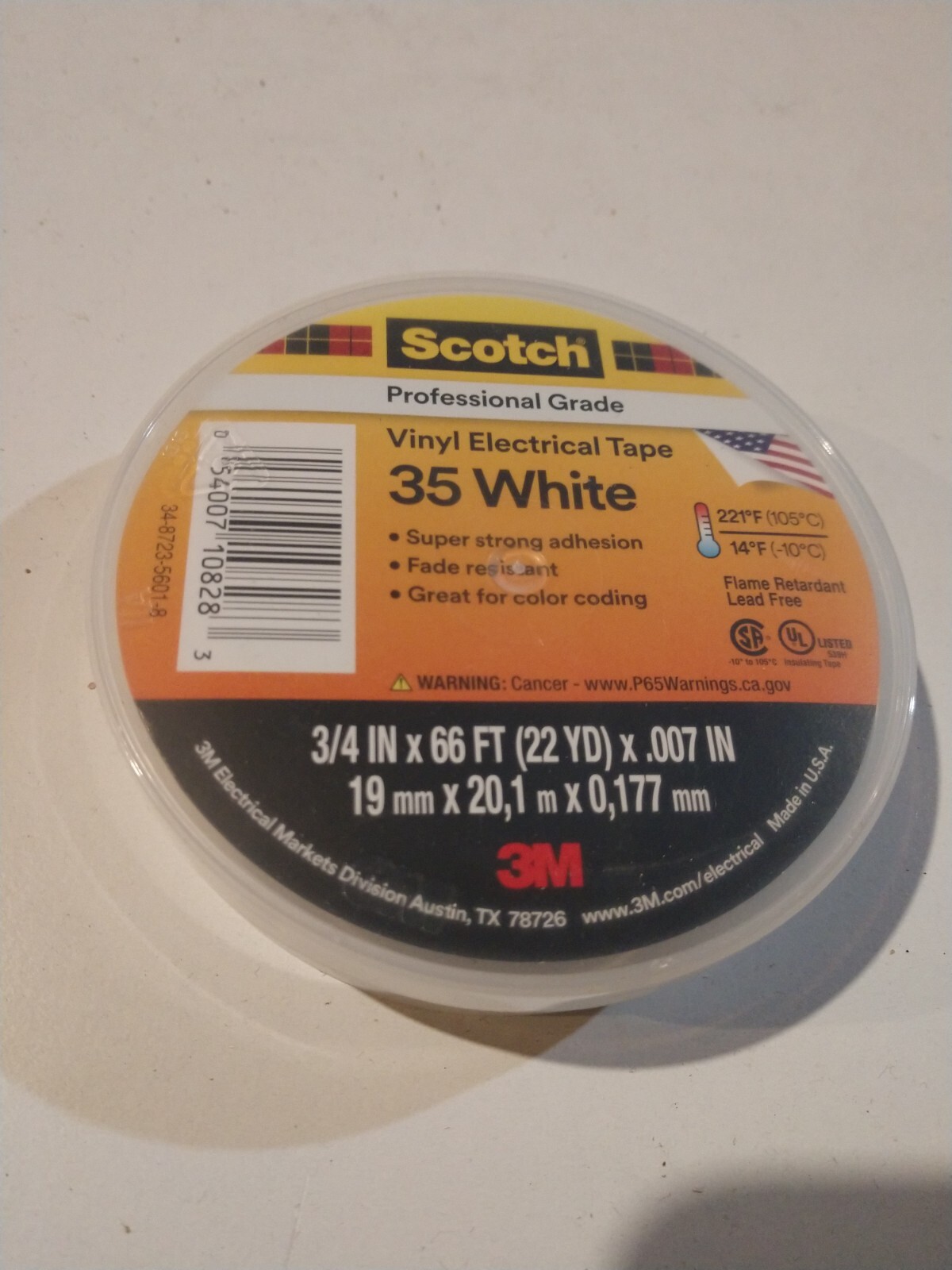 Scotch 35 White Vinyl Electrical Tape, 3/4x66ft Professional Grade Free Ship USA