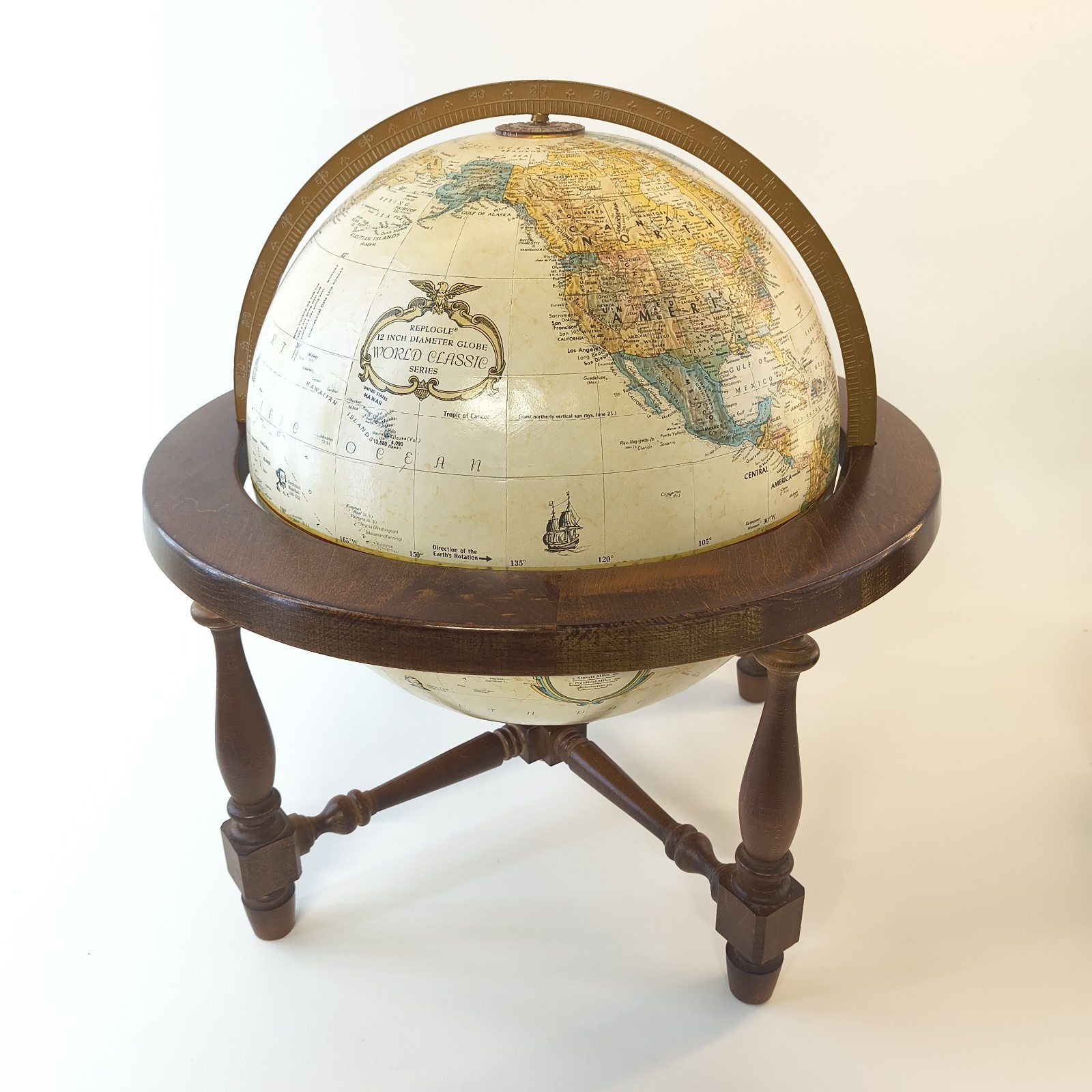 Vintage 12 Inch World Classic Series Globe Walnut 4 Leg Base By Replogle Inc USA