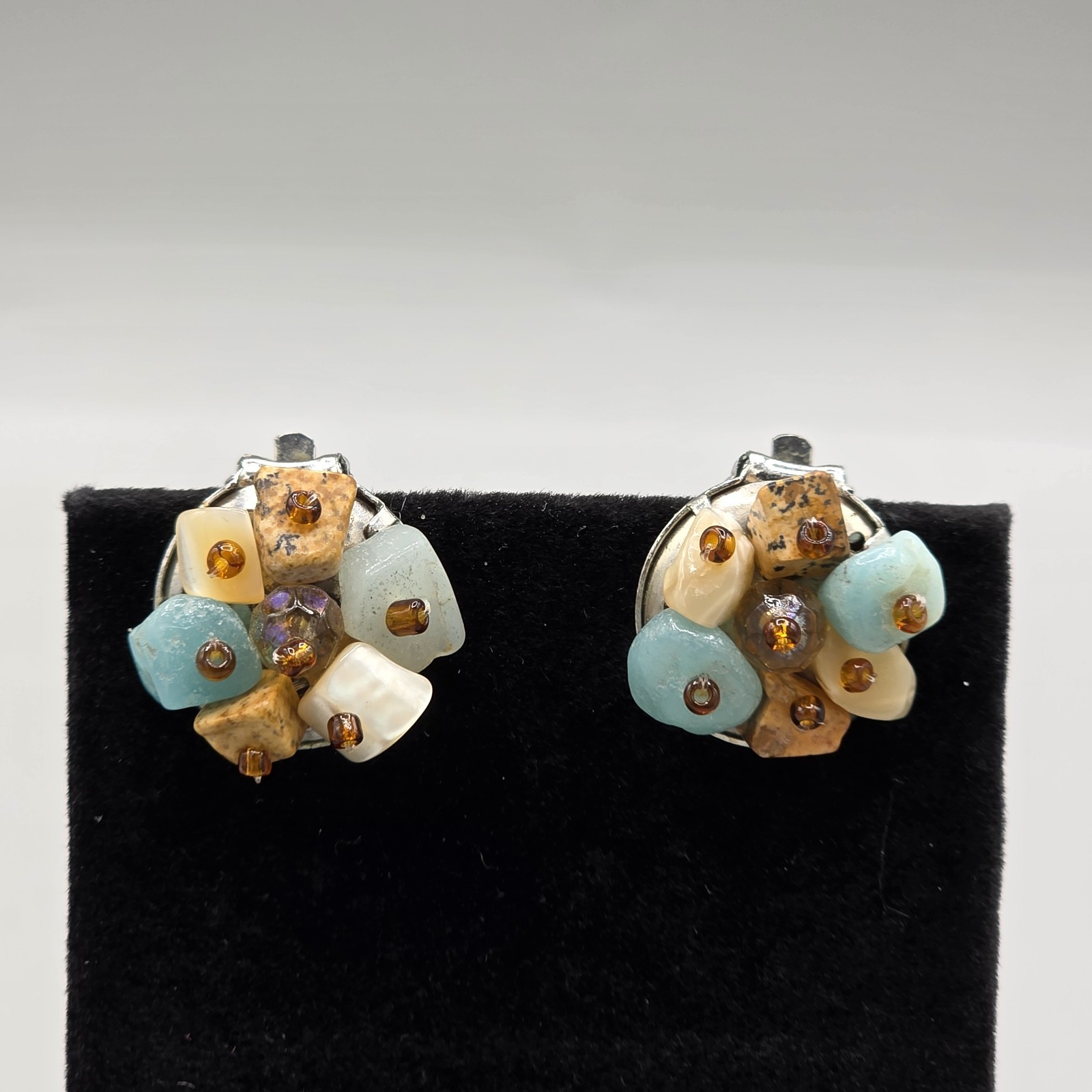 Vintage Multi Stone Bead Cluster Clip-On Silver Tone Earrings