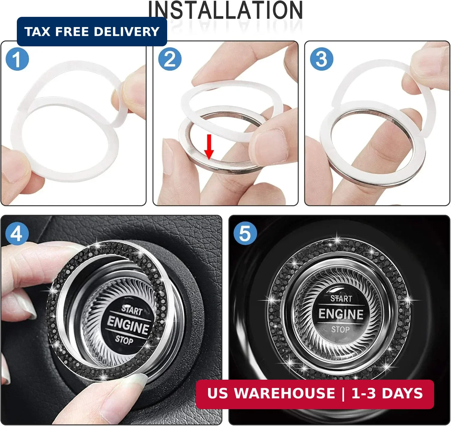 2pcs Bling Car Engine Start Button Cover Diamond Crystal Push Start Stop B