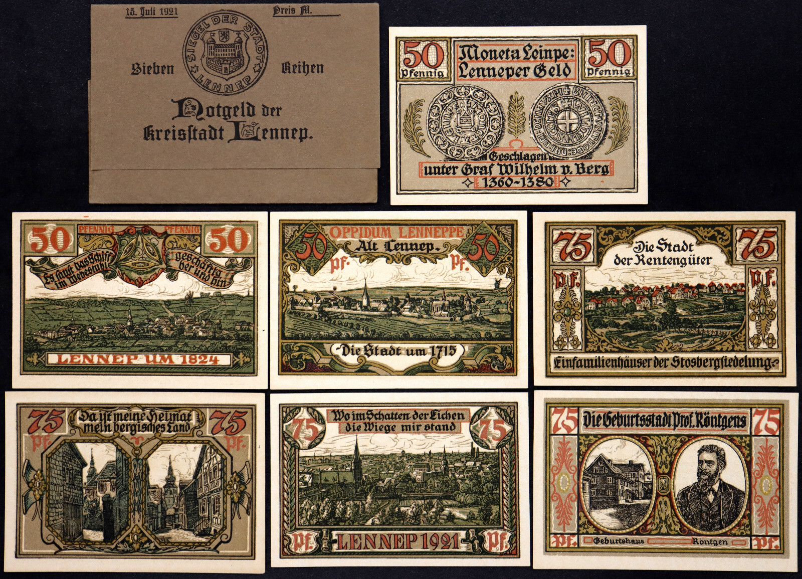 LENNEP 1921 XX-RARE ENVELOPE! "X-RAY Discoverer Röntgen" Complete Series Notgeld