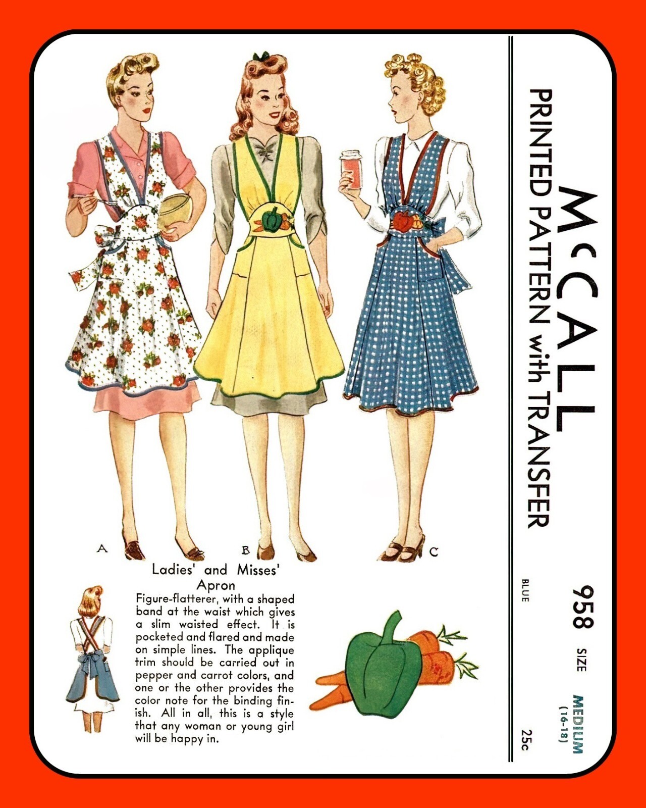 Misses Bib APRON Pattern 958 Fitted w Applique Vtg 1942 Sewing Craft