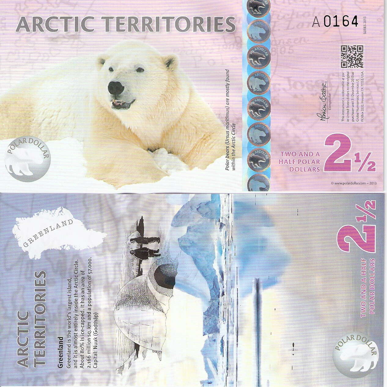 ARCTIC TERRITORIES $2 1/2 POLYMER FANTASY ART BANKNOTE POLAR BEAR GREENLAND!