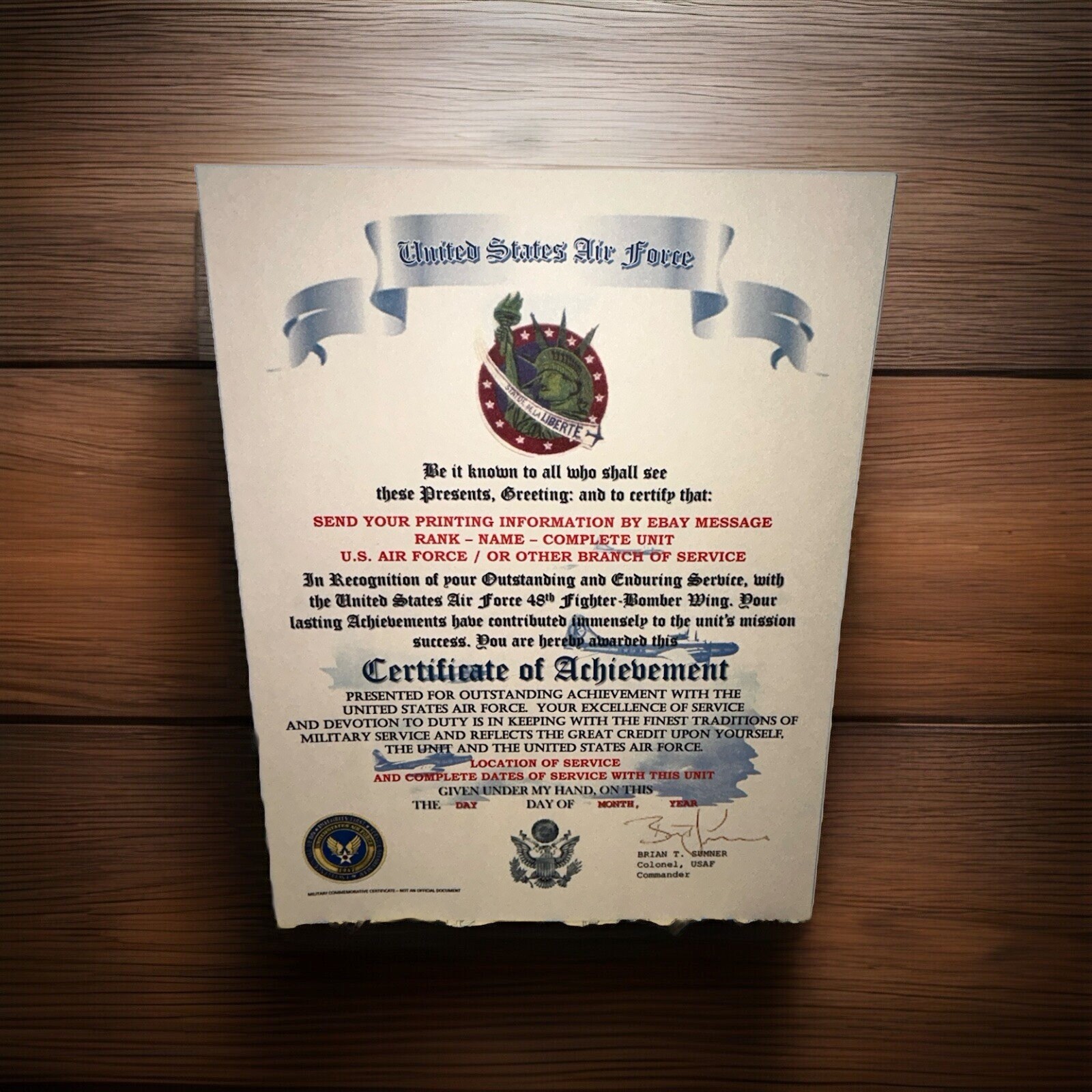 U.S.A.F. / AIR FORCE 48TH FIGHTER-BOMBER WING - CERTIFICATE OF ACHIEVEMENT