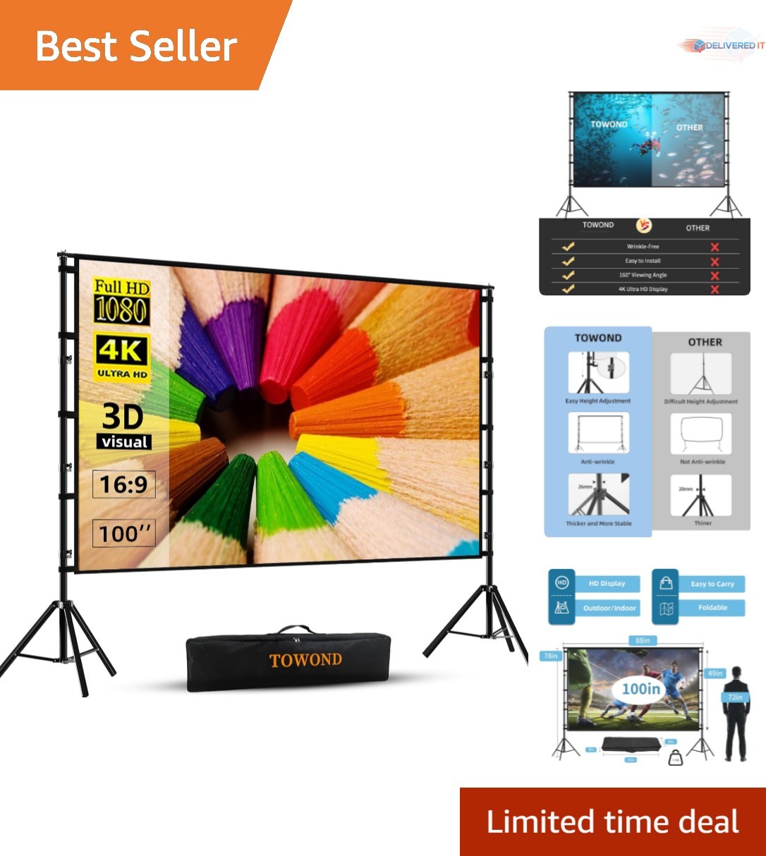 Projector Screen and Stand 100 inch Outdoor Indoor Portable HD 4K Movie Screen