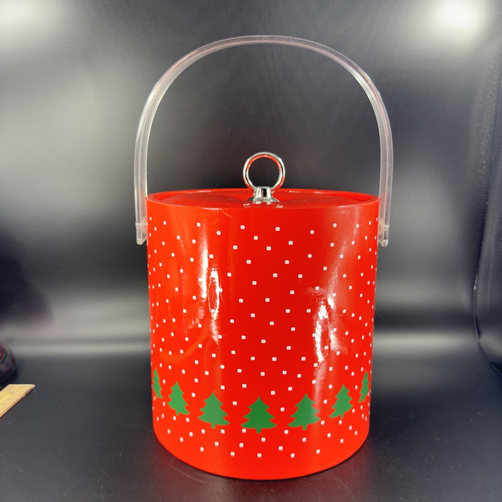 1980s Libbey Winterland Retro Bright Red Holiday Ice Bucket Vintage W Lid Decor